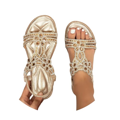 Sandalen Damen Sommer Leichte Sommerschuhe Damen Elegante Sandaletten Flache Strass Boho Strandschuhe Damenschuhe Bequem Weichen Sohlen Glitzer Flip Flops Gummiband Slingback Sandalen Mädchen Sandals von Generic