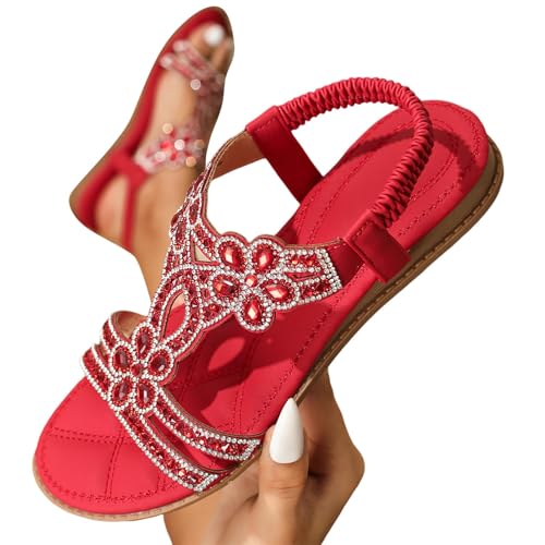 Sandalen Damen Sommer Leichte Sommerschuhe Damen Elegante Sandaletten Flache Strass Boho Strandschuhe Damenschuhe Bequem Weichen Sohlen Glitzer Flip Flops Gummiband Slingback Sandalen Mädchen Sandals von Generic