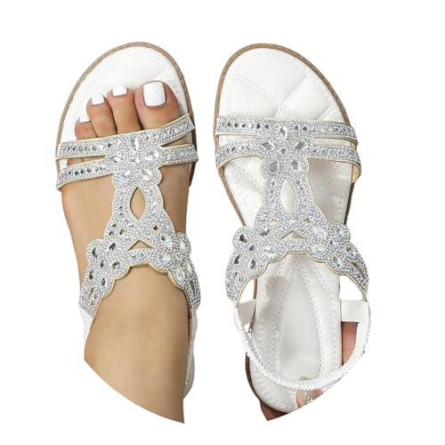 Sandalen Damen Sommer Leichte Sommerschuhe Damen Elegante Sandaletten Flache Strass Boho Strandschuhe Damenschuhe Bequem Weichen Sohlen Glitzer Flip Flops Gummiband Slingback Sandalen Mädchen Sandals von Generic