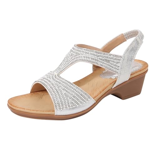 Sandalen Damen mit Absatz Elegant Bohemia Strand Schuhe Blockabsatz Sommerschuhe Frauen Glitzer Sandalen Gummiband Slingback Sandaletten Bequem Damenschuhe Abendschuhe Absatzschuhe von Generic