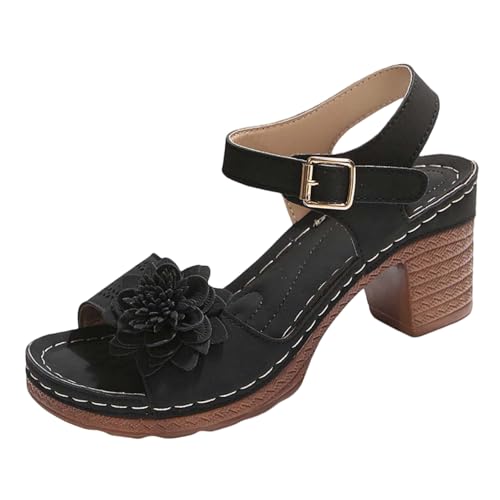 Sandalen Damen mit Absatz Elegant Sommerschuhe mit Blumen Breite Füße Sandaletten Bequem Offene Zeh Schuhe Damensandalen Festliche Damenschuhe Sommer Klassische Blockabsatz Schuhe von Generic