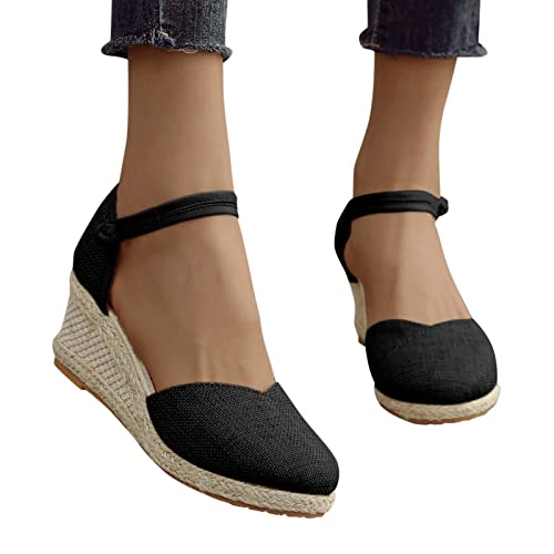 Sandalen Damen mit Absatz Vorne Geschlossen Keilabsatz Elegant Pantoletten Frauen Sandaletten Elegant Spitze Böhmen Sommerschuhe Keilsandaletten Fußgewölbe Strandsandalen (01 Schwarz, 40 EU) von Generic