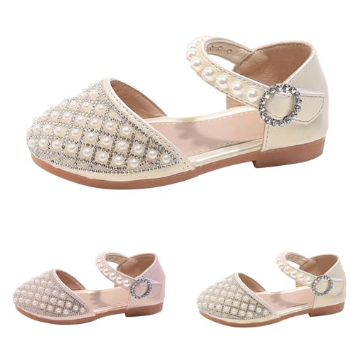 Sandalen Mädchen Rutschfeste Prinzessin Schuhe Kinder Römersandalen Anti Rutsch Klettverschluss Hochzeit Party Ballerinas Glänzende Tanzschuhe Brautschuhe Flach (Beige, 26 Toddler) von Generic