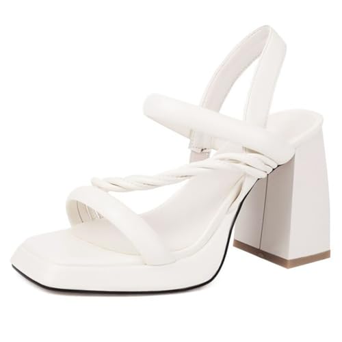 Sandalen Mit Blockabsatz Damen Knöchelriemen Mit Schnalle Quadratische Offene Spitze Plateau Abendsandalen Mit Absatz Für Cocktailpartys Und Urlaub,Weiß,37 EU von MiaZane