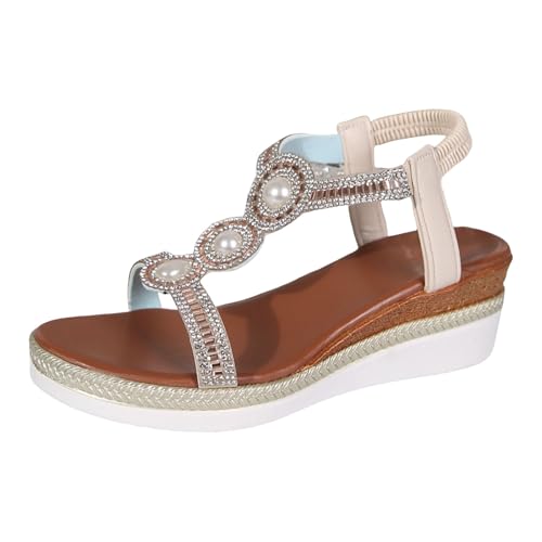Sandalen für Damen, Espadrilles, Keilabsatz-Sandalen mit Strasssteinen, glitzernd, niedriger Keilabsatz, bequeme Boho-Freizeit-Strandsandalen von Generic