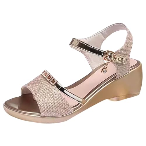 Sandalen für Damen, Keilabsatz, offener Zehenbereich, Schnalle, leicht, rutschfest, elegant, für Hochzeitskleid, Damen, Sommerschuhe, gold, 38 EU von Generic