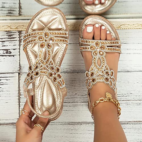 Sandalen für Damen, flach, T-Riemen, Perlen, Blumen, Strass, bequem, Bohemian-Stil, Strand, Slip-on, flach, zum Gehen, orthopädische Zehentrenner von Generic