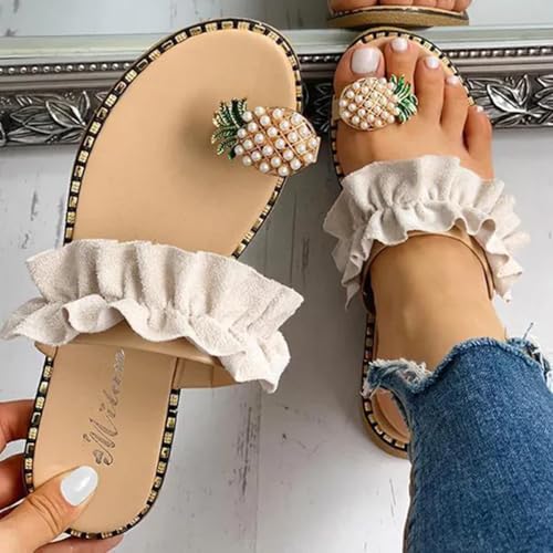 Sandalen für Damen, glitzernde Riemchen, bequeme Flip-Flops, bequemes Gehen, mit Perlen besetzte flache Bohemian-Sandalen von Generic