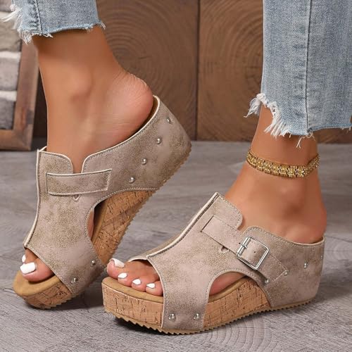 Sandalen für Damen mit Keilabsatz und Plateau-Keilabsatz, niedriger Absatz, Reißverschluss vorne, offene Zehenpartie, bequeme orthopädische Hausschuhe, Freizeitschuhe für Damen von Generic