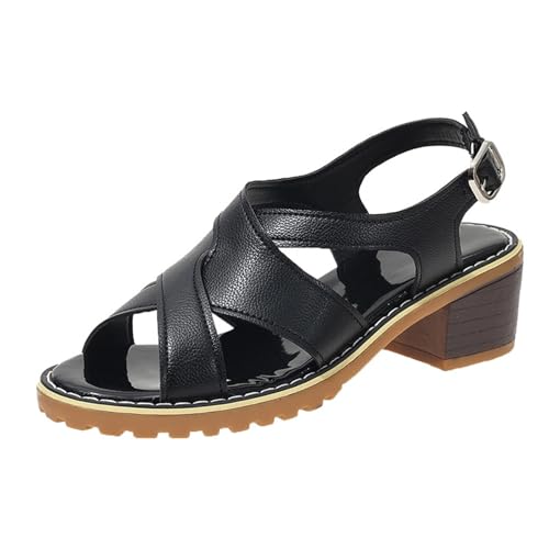 Sandaletten Damen Klassisch Blockabsatz Orthopädische Einlage mit Memory Schaum Verstellbarer Knöchelriemen und Fußstütze Rutschfest Strand Freizeit Elegant Temperament (Black, 38) von Generic