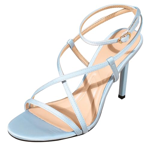 Sandaletten Damen Mit Kreuzbändern Aus Satin, 9.5cm Stilettoabsatz, Runde Offene Zehen - Sommerpartys & Strandhochzeiten,Blau,37 EU Sandaletten Damen Mit Kreuzbändern Aus Satin, 9.5cm Stilettoabsatz, Runde Offene Zehen - Sommerpartys & Strandhochzeiten,Blau,37 EU von Generic
