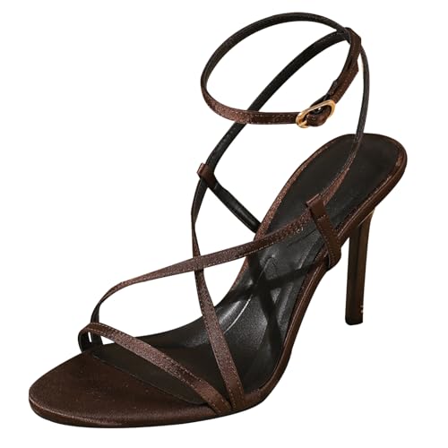 Sandaletten Damen Mit Kreuzbändern Aus Satin, 9.5cm Stilettoabsatz, Runde Offene Zehen - Sommerpartys & Strandhochzeiten,Braun,40 EU von Generic