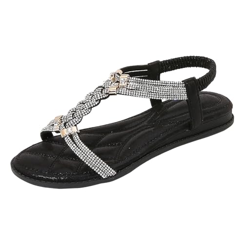 Sandaletten Damen Sommer Sandalen Flach mit Strass Elegant Riemchensandalen Bequem Offene Strandschuhe Weiches Fussbett PU Leder Bohemian Flip Flops Elegante Mädchen Damen-Sandalen von Generic