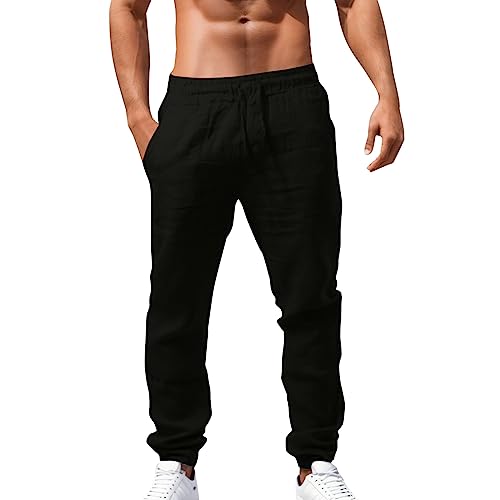 Saohuo Leinen Hose Herren Lange Leicht Sommerhose Leinenhose Einfarbig Strandhose Elastische Taille Hosen Männer Bequeme Freizeithose mit Kordelzug Taschen Palazzo Hose für Urlaub Strand Alltag von Generic