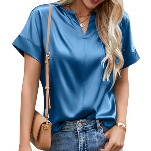 Satin Bluse Damen Elegant - T Shirt Damen Kurzarm Seidenbluse Seidentop V Ausschnitt Sommer Oberteile Casual Arbeitshemd Lose Bequeme Blusenshirt T-Shirt von Generic