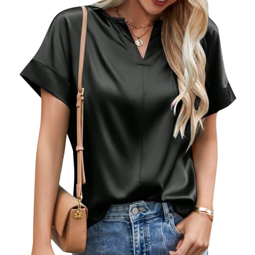 Satin Bluse Damen Elegant - T Shirt Damen Kurzarm Seidenbluse Seidentop V Ausschnitt Sommer Oberteile Casual Arbeitshemd Lose Bequeme Blusenshirt T-Shirt von Generic