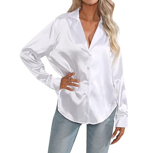 Satin Bluse Damen Glänzend Langarm: Bluse Damen Elegant Festlich Pink Hemdbluse Bügelfrei Longbluse Sommer Sommerbluse/Seidenbluse/Musselin Bluse/Mittelalter Bluse/Shirtbluse/Tunika Bluse von Generic