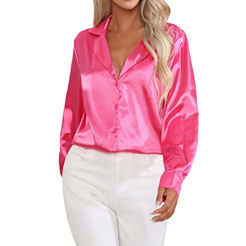 Satin Bluse Damen Glänzend Langarm: Bluse Damen Elegant Festlich Pink Hemdbluse Bügelfrei Longbluse Sommer Sommerbluse/Seidenbluse/Musselin Bluse/Mittelalter Bluse/Shirtbluse/Tunika Bluse von Generic