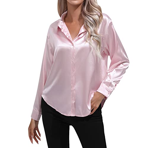 Satin Bluse Damen Glänzend Langarm: Bluse Damen Elegant Festlich Pink Hemdbluse Bügelfrei Longbluse Sommer Sommerbluse/Seidenbluse/Musselin Bluse/Mittelalter Bluse/Shirtbluse/Tunika Bluse von Generic