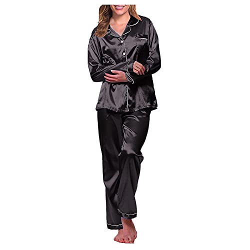 Satin Damen Schlafanzug mit Knopfleiste Langarm Nachtwäsche Pyjamas Set Zweiteiliger Nachtwäsche Hausanzug von Generic