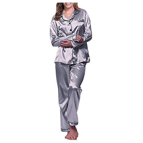 Satin Damen Schlafanzug mit Knopfleiste Langarm Nachtwäsche Pyjamas Set Zweiteiliger Nachtwäsche Hausanzug von Generic