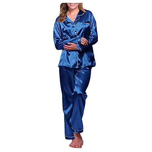 Satin Damen Schlafanzug mit Knopfleiste Langarm Nachtwäsche Pyjamas Set Zweiteiliger Nachtwäsche Hausanzug von Generic