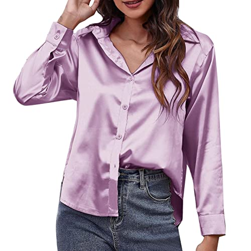 Satin Damen Tops Langarm Bluse Elegant Pyjama Langarmshirt Mit Taschen Oberteile Schlafanzug Blusenshirt Frühling Sommer Longbluse Business Nachtwäsche Oversize Lässige Tshirts Blusen Hemd Top von Generic