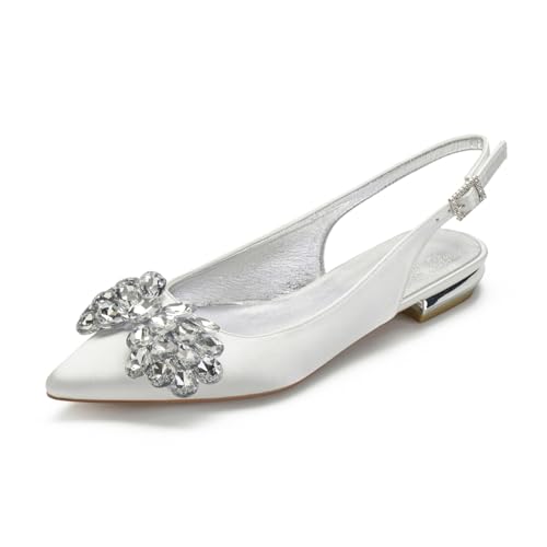 Satin Flach Hochzeitsschuhe Wohnungen Slingback Sandals Braut Hochzeit Schuhe Damen Pointed Toe Brautschuhe 2Cm,Elfenbein,37 EU von Generic