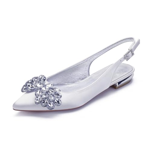 Satin Flach Hochzeitsschuhe Wohnungen Slingback Sandals Braut Hochzeit Schuhe Damen Pointed Toe Brautschuhe 2Cm,Weiß,39 EU von Generic