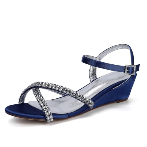 Satin Keilabsatzsandalen Strass Hochzeitsschuhe Bridal Damen Low Heel 4Cm Für Abschlussball-Party- Kleid,Dark Blue,40 EU von Generic