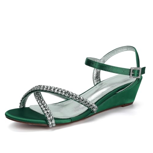Satin Keilabsatzsandalen Strass Hochzeitsschuhe Bridal Damen Low Heel 4Cm Für Abschlussball-Party- Kleid,Grün,39 EU von Generic