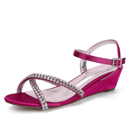 Satin Keilabsatzsandalen Strass Hochzeitsschuhe Bridal Damen Low Heel 4Cm Für Abschlussball-Party- Kleid,Rose red,40 EU von Generic
