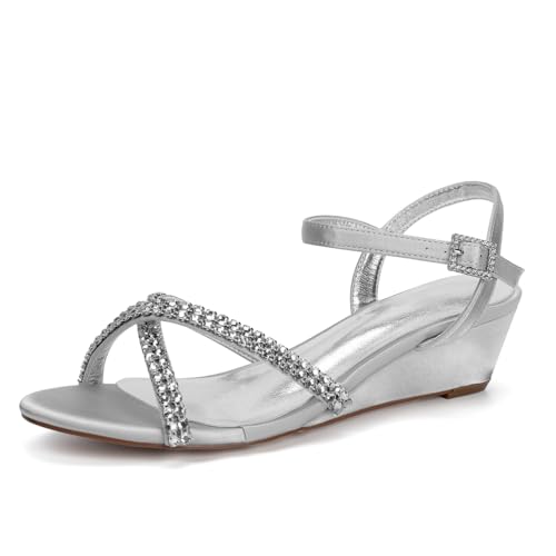 Satin Keilabsatzsandalen Strass Hochzeitsschuhe Bridal Damen Low Heel 4Cm Für Abschlussball-Party- Kleid,Silber,38 EU von Generic