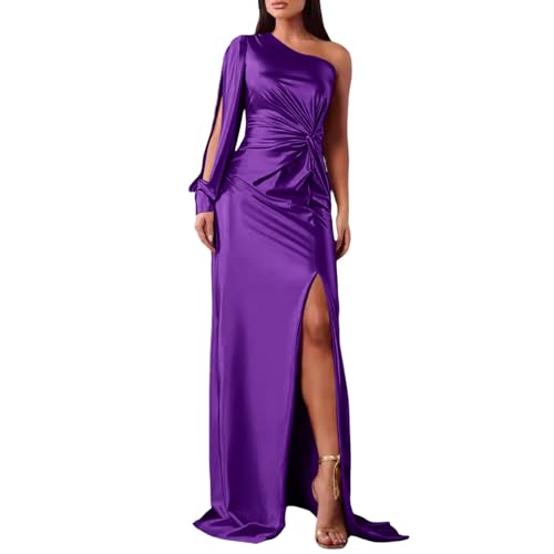 Satin Kleid Damen Lang Kleid One Shoulder Abendkleider mit Schlitz Elegant Festliche Partykleid Ballkleid Cocktailkleid Maxikleid Damenkleider von Generic