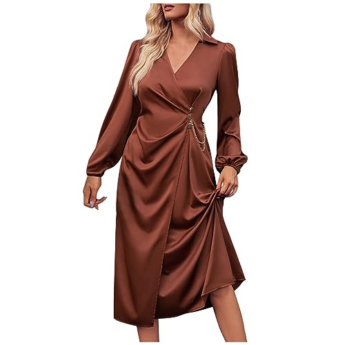 Satin Kleid Herbst Winter Wadenlang Wickelkleid Damen Langarm V Ausschnitt Abendkleider Elegant mit Kragen Sexy Kleider Damen Herbst Einfarbig Leicht Partykleid Damen Puffärmel Metall Kette von Generic