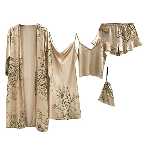 Satin Kurz Nachtwäsche Robe Schlafanzug Damen Morgenmantel Kimono Kimono Nachthemd Negligee Lingerie Morgenmantel Robe Hausanzug Schlafanzug Dessous Wäsche Set Seidig Satin Nachtwäsche von Generic