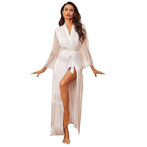 Satin Nachthemd Langarm Dessous Babydoll Anzug Damen Morgenmantel Dessous Frauen Silk Lace Babydoll Nachtwäsche Nachthemd Morgenmantel Lange Pyjamas Robe von Generic
