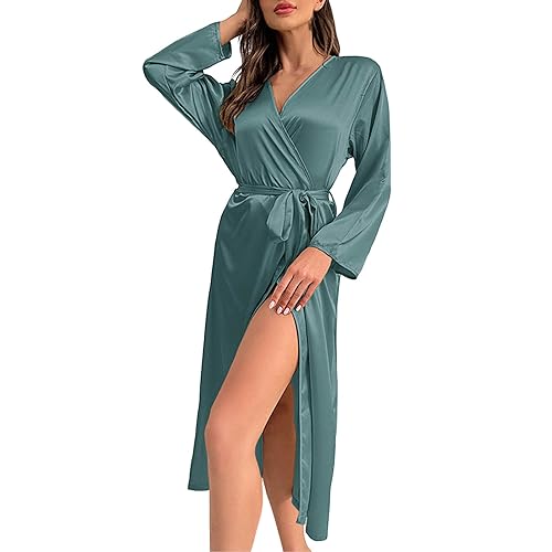 Satin Nachthemd Langarm Dessous Babydoll Anzug Damen Morgenmantel Kimono Kurz Kimono Negligee Seidenrobe Locker Schlafanzug Morgenmantel Lange Pyjamas Robe von Generic