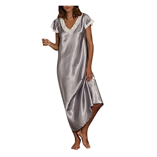 Satin-Nachtkleid Damen Lang GroÃŸe GröÃŸen Nachtwäsche Lang Dessous Kurzarm V-Ausschnitt Unterkleid Sommer Nachthemden Sexy Dessous Negligee/Nachtwäsche/Sleepwear/Seidennachtwäsche von Generic