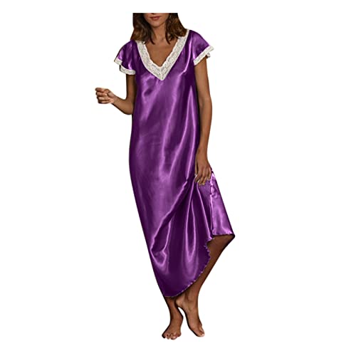 Satin-Nachtkleid Damen Lang GroÃŸe GröÃŸen Nachtwäsche Lang Dessous Kurzarm V-Ausschnitt Unterkleid Sommer Nachthemden Sexy Dessous Negligee/Nachtwäsche/Sleepwear/Seidennachtwäsche von Generic