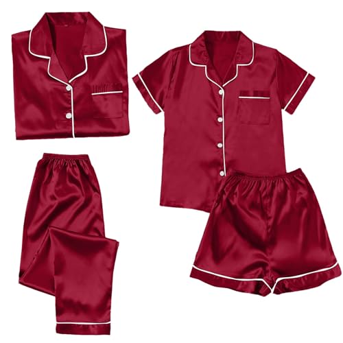 Satin Pyjama Damen 4-Teiliges Langarm Silk Pyjama Set mit Knopfleiste Zweiteiler Loungewear Lang Elegant Nachtwäsche Schlafshirt Kurzarm Schlafanzug and Shorts Set Hausanzug Nachthemd (Wine, XXXL) von Generic
