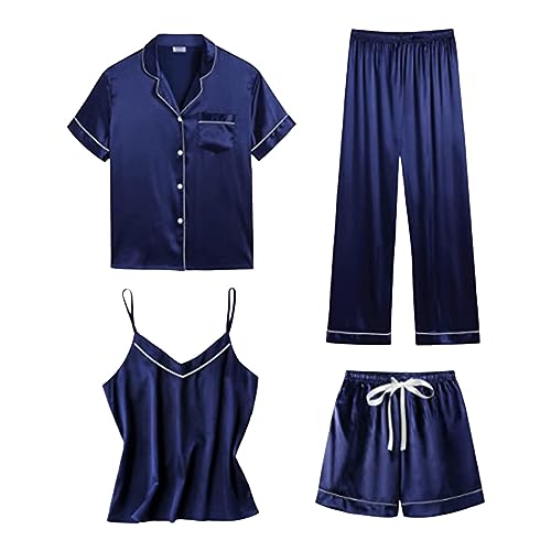 Satin Pyjama Damen Kurz 4-teiliges Schlafanzug Kurzarm Nachtwäsche Cami and Shorts Set Frauen Pjs Sets Hausanzug Loungewear von Generic