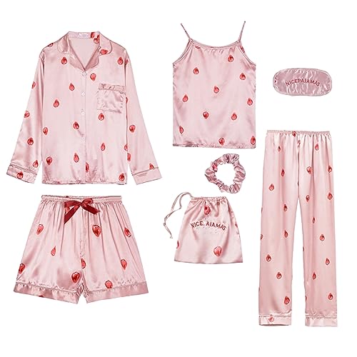 Satin Pyjama Damen Kurz 4-teiliges Schlafanzug Kurzarm Nachtwäsche Tank Shorts Set Frauen Sets Hausanzug Loungewear V-Ausschnitt Schlafanzug für Frauen Kurzarm Sleepshirt mit Knöpfe (1-Pink, M) von Generic