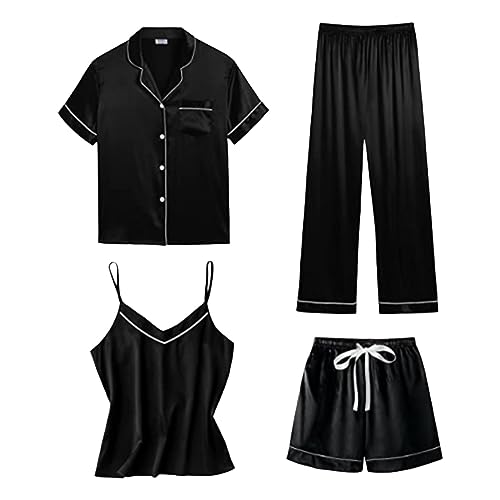 Satin Pyjama Damen Kurz 4-teiliges Schlafanzug Kurzarm Nachtwäsche Tank Shorts Set Frauen Sets Hausanzug Loungewear V-Ausschnitt Schlafanzug für Frauen Kurzarm Sleepshirt mit Knöpfe (3-Black, M) von Generic