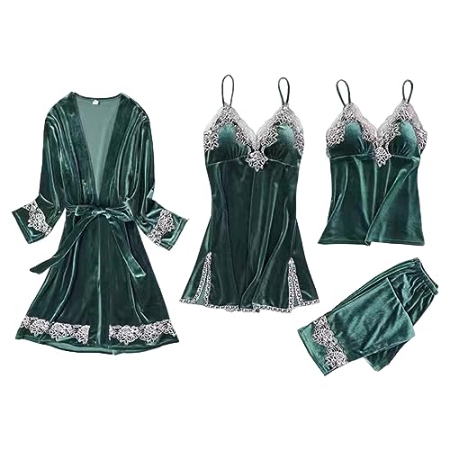 Satin Pyjama Damen Kurz 4-teiliges Schlafanzug Kurzarm Nachtwäsche Tank Shorts Set Frauen Sets Hausanzug Loungewear V-Ausschnitt Schlafanzug für Frauen Kurzarm Sleepshirt mit Knöpfe (5-Green, S) von Generic