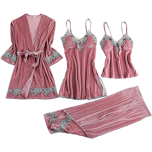 Satin Pyjama Damen Kurz 4-teiliges Schlafanzug Kurzarm Nachtwäsche Tank Shorts Set Frauen Sets Hausanzug Loungewear V-Ausschnitt Schlafanzug für Frauen Kurzarm Sleepshirt mit Knöpfe (5-Pink, L) von Generic