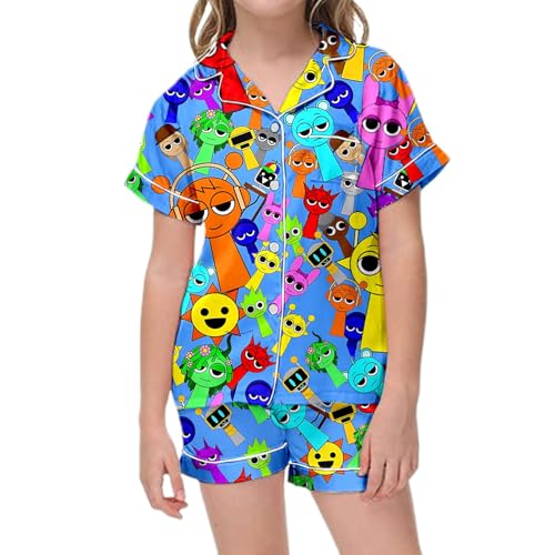 Satin Schlafanzug Jungen Mädchen Lustige Sprunki Pyjama Set für Kinder Kurze Schlafanzughose & Kurzarm T-Shirt mit Kragen & Knopfleiste Silk Hausanzug Weich Pjs 2 Stück Nachtwäsche Set 2-13 Jahre von Generic