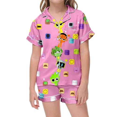 Satin Schlafanzug Jungen Mädchen Sprunki Pyjama Set für Kinder Kurzarm T-Shirt mit Kragen & Knopfleiste + Elastischer Taille Shorts Hausanzug Weich Bequem Pjs Zweiteiler Loungewear 2-13 Jahre von Generic