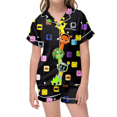 Satin Schlafanzug Jungen Mädchen Sprunki Pyjama Set für Kinder Kurzarm T-Shirt mit Kragen & Knopfleiste + Elastischer Taille Shorts Hausanzug Weich Bequem Pjs Zweiteiler Loungewear 2-13 Jahre von Generic