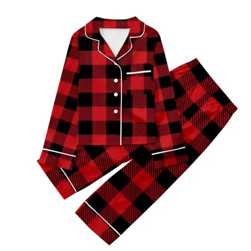 Satin Schlafanzug Mädchen Silk Kariert Pyjama Set für Mädchen mit Kragen & Knopfleiste Langarm Hemd + Elastische Taille Hose Outfits 2 Stück Button-Down Pjs Zweiteiliger Nachtwäsche Set 3-14 Jahre von Generic